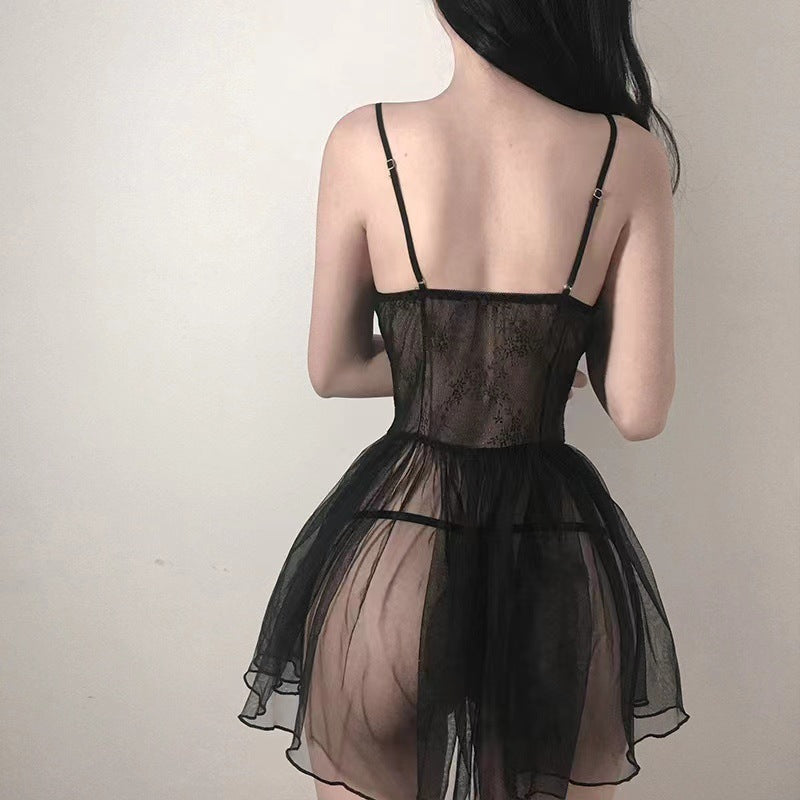 Lace Ruffle Babydoll Lingerie Dress with Sheer Tulle Skirt and Bow