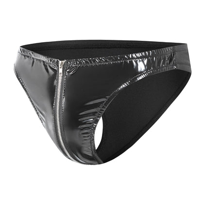 Men's PVC Patent Leather Zipper Thong Shiny Briefs