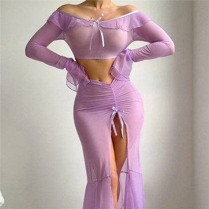 Off Shoulder Mesh Lingerie Set Ruffle Crop Top with High Slit Skirt