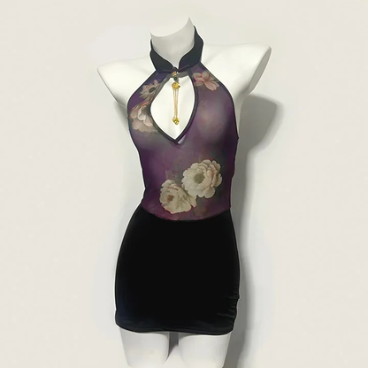 Chinese Style Printed See-through Slim Fit Backless Cheongsam