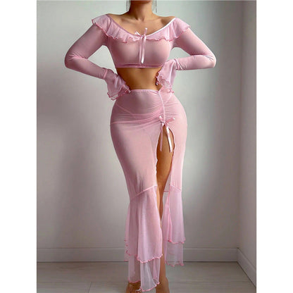Off Shoulder Mesh Lingerie Set Ruffle Crop Top with High Slit Skirt