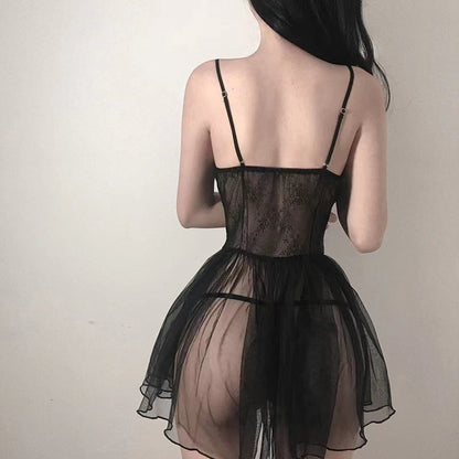 Lace Ruffle Babydoll Lingerie Dress with Sheer Tulle Skirt and Bow