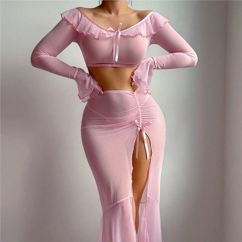 Off Shoulder Mesh Lingerie Set Ruffle Crop Top with High Slit Skirt