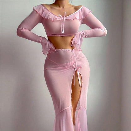 Off Shoulder Mesh Lingerie Set Ruffle Crop Top with High Slit Skirt
