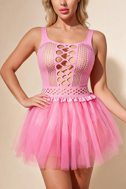 Rhinestone Fishnet Bodysuit Tutu Skirt Sexy Cut Out Lingerie Dress