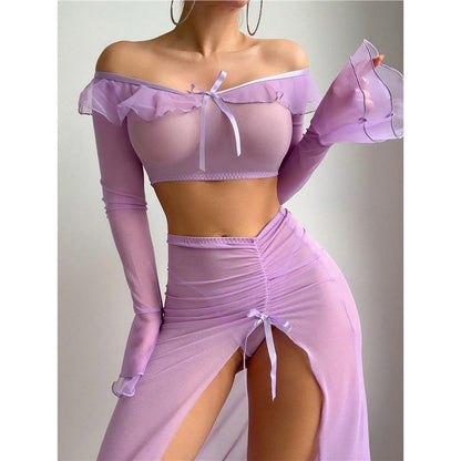 Off Shoulder Mesh Lingerie Set Ruffle Crop Top with High Slit Skirt