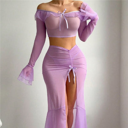 Off Shoulder Mesh Lingerie Set Ruffle Crop Top with High Slit Skirt