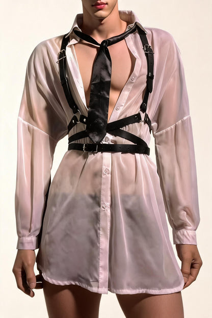 Men's Sheer Mesh Shirt with Leather Harness Choker See-Through Lingerie Top