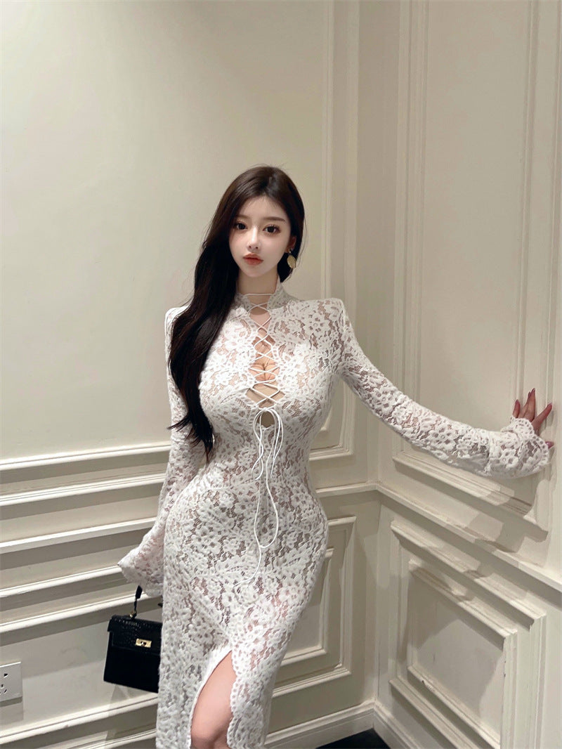 White Lace Maxi Dress Lace Up High Neck Sheer Long Sleeve Lingerie Gown