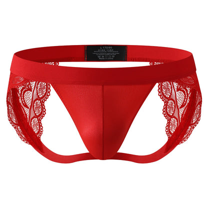 Men's Lace Trim Jockstrap Thong See Through Pouch Backless Lingerie