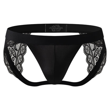 Men's Lace Trim Jockstrap Thong See Through Pouch Backless Lingerie
