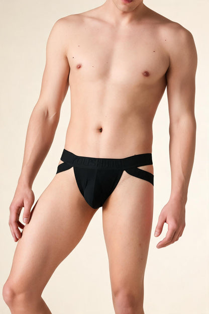 Men's Double Waistband Crisscross Strap Thong Low Rise Bulge Pouch Sporty Underwear