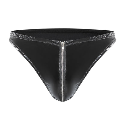 Men's PVC Patent Leather Zipper Thong Shiny Briefs