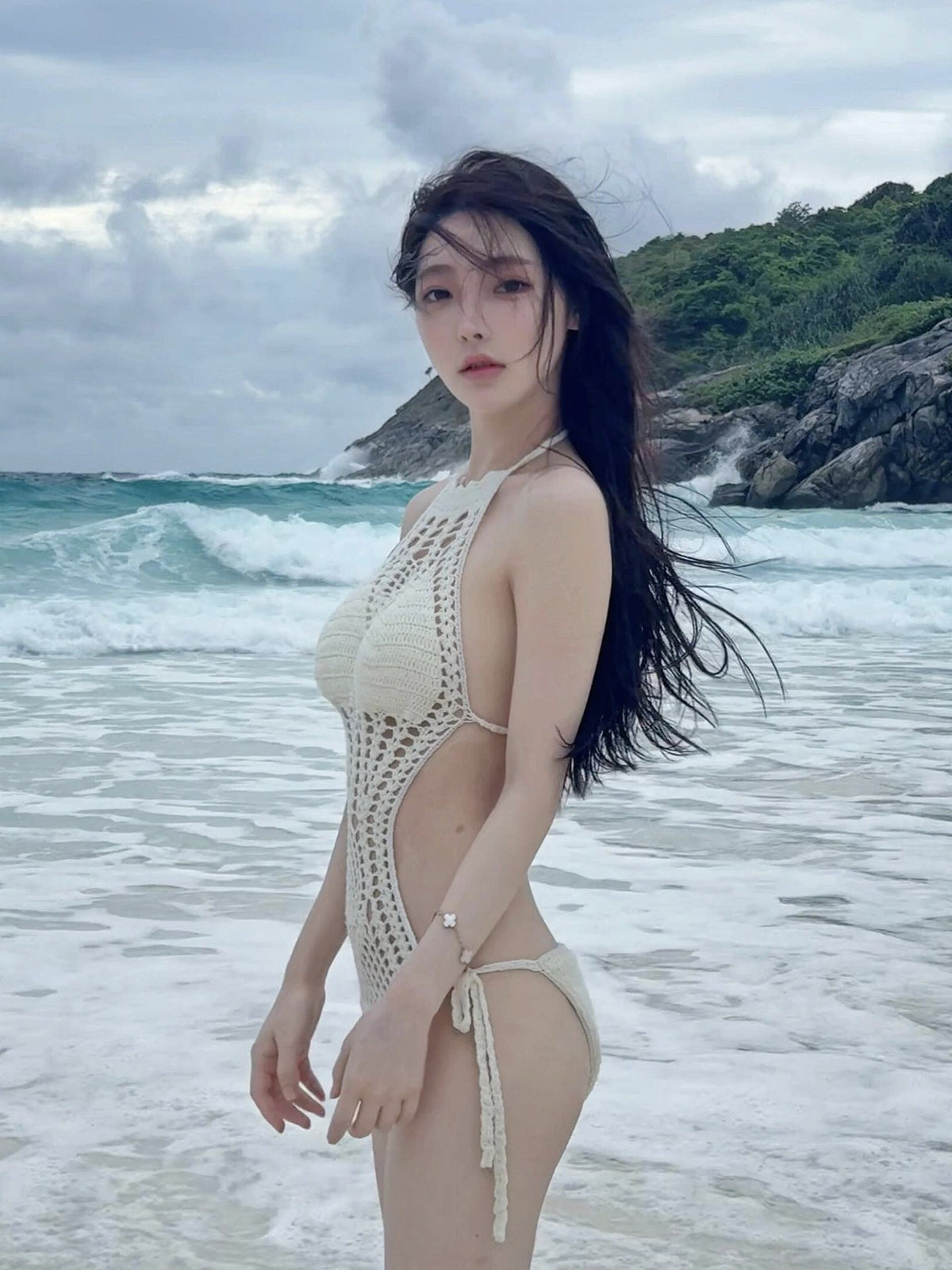 Crochet Halter Monokini Swimsuit Hollow Out Cutout Bodysuit with Tie Sides