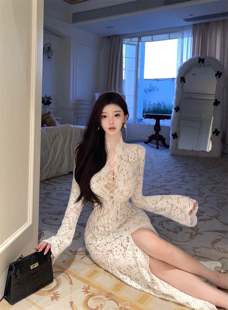White Lace Maxi Dress Lace Up High Neck Sheer Long Sleeve Lingerie Gown