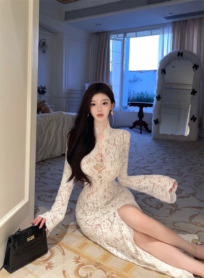 White Lace Maxi Dress Lace Up High Neck Sheer Long Sleeve Lingerie Gown